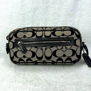 COACH Clutch Cosmetic Bag black + white w/ black leather piping silver hardware